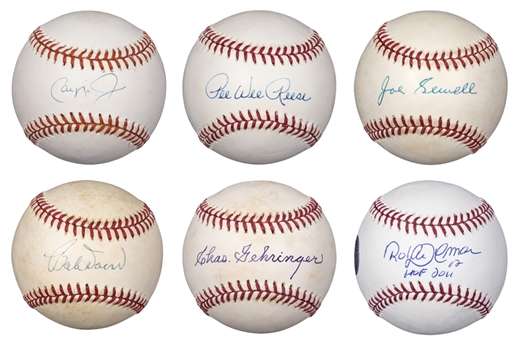 Lot of (6) Hall of Fame Infielders Single Signed Baseballs Including Doerr, Ripken, Reese, Gehringer, Alomar & Sewell (Beckett)